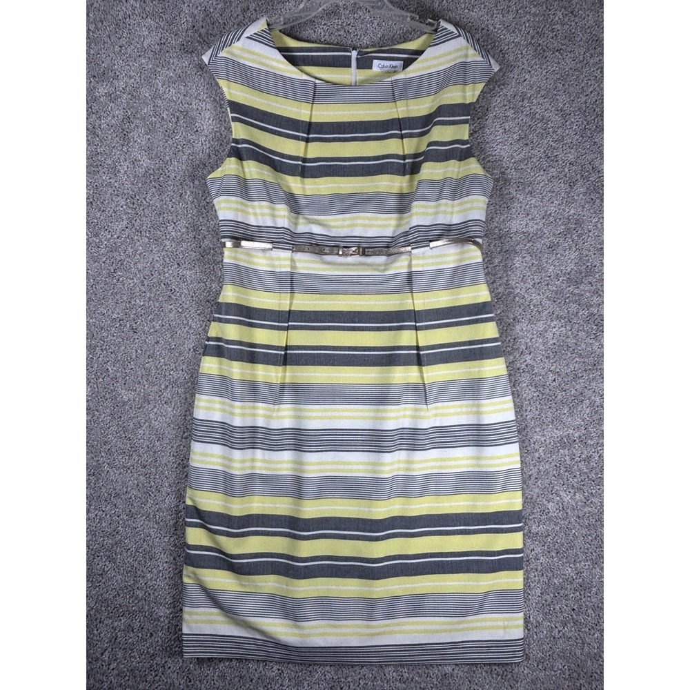 Calvin Klein Women's Size 14 Sheath Dress Striped Yellow Gray White Career